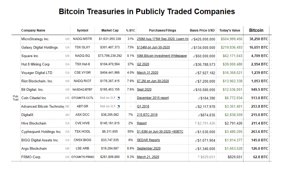 Bitcoin Treasuries in Publicy Traded Companies