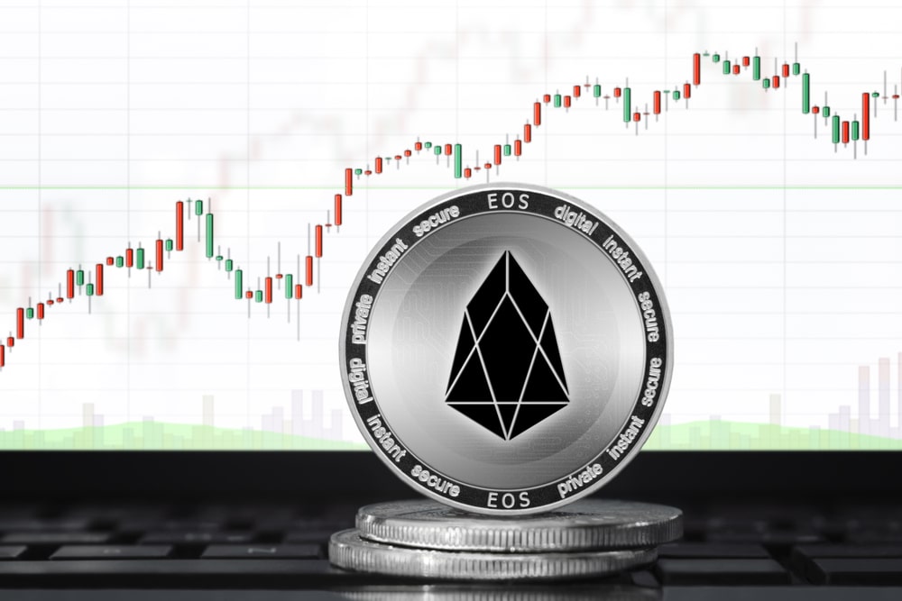 EOS cryptocurrency on the background of the trading chart